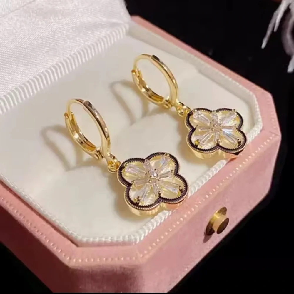 Clover Earrings Elegant Two-Sided Four-Leaf Clover Earrings โ Gold Plated - Picture 3 of 15